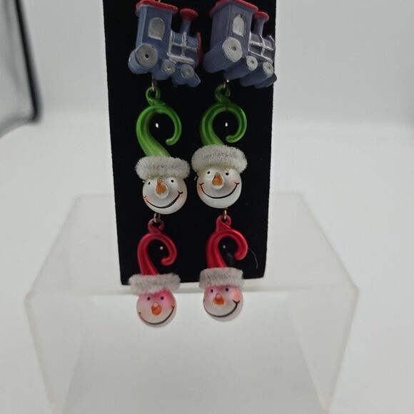 Vtg Christmas Holiday Pierced Dangle Earrings-4 Pair Santa Clause Snowman Train - Picture 5 of 9